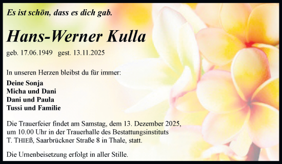 Traueranzeige von Hans-Werner Kulla von Trauerkombi Quedlinburg