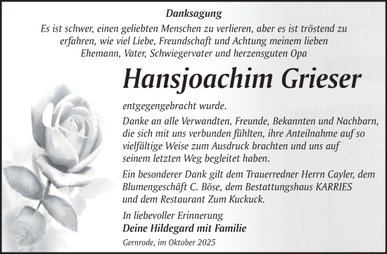 Traueranzeige von Hansjoachim Grieser von Super Sonntag Quedlingburg