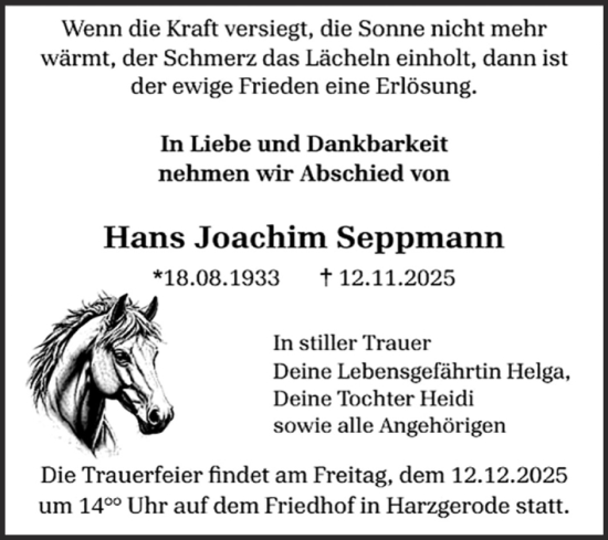 Traueranzeige von Hans Joachim Seppmann von Super Sonntag Quedlingburg