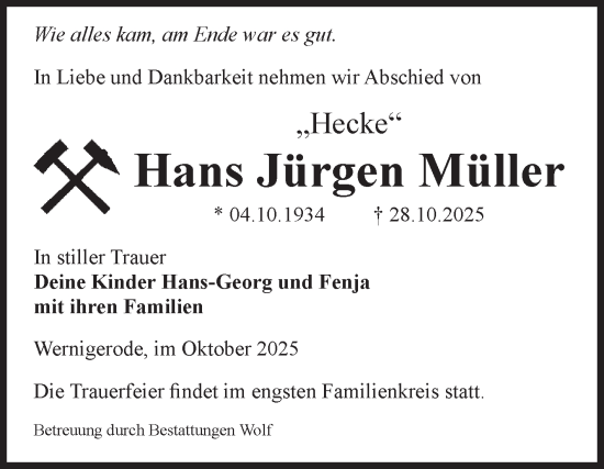 Traueranzeige von Hans Jürgen Müller von Volksstimme Wernigerode