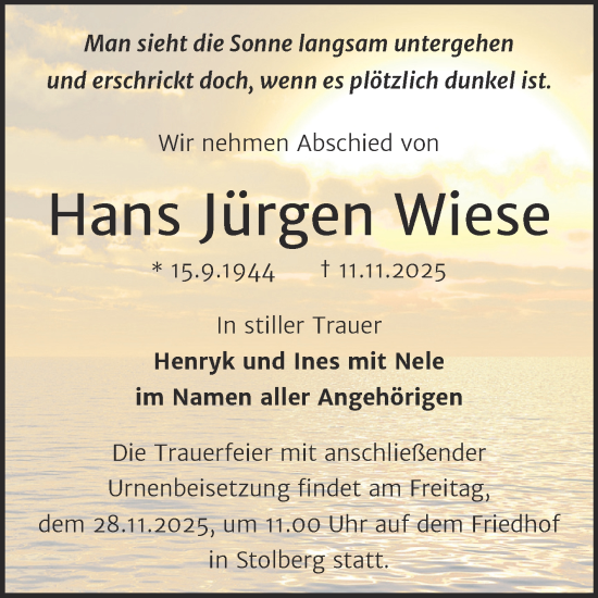 Traueranzeige von Hans Jürgen Wiese von Trauerkombi Sangerhausen