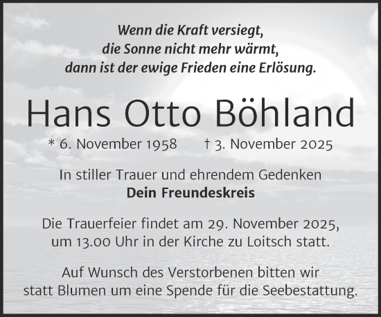 Traueranzeige von Hans Otto Böhland von Trauerkombi Zeitz