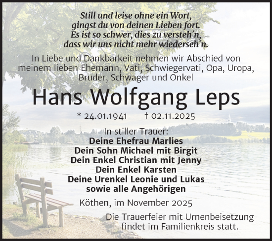 Traueranzeige von Hans Wolfgang Leps von Trauerkombi Köthen
