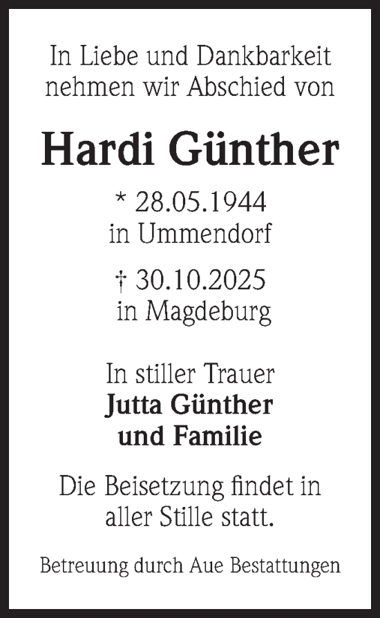 Traueranzeige von Hardi Günther von Volksstimme Magdeburg
