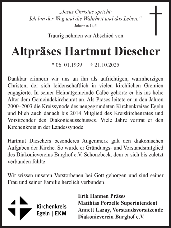 Traueranzeige von Hartmut Diescher von Mitteldeutsche Zeitung Aschersleben