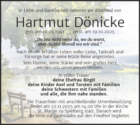 Traueranzeige von Hartmut Dönicke von Mitteldeutsche Zeitung Merseburg/Querfurt