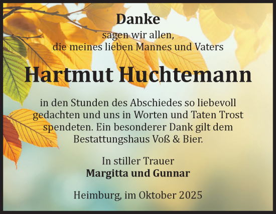 Traueranzeige von Hartmut Huchtemann von Volksstimme Wernigerode