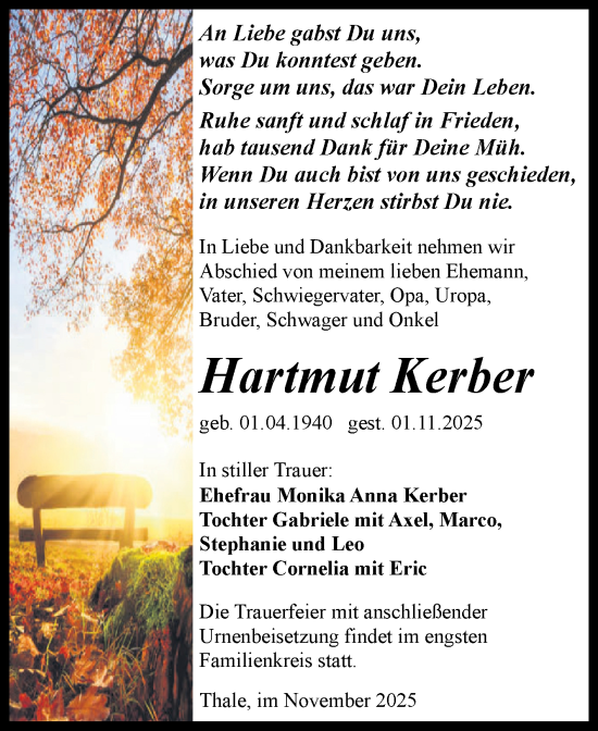 Traueranzeige von Hartmut Kerber von Trauerkombi Quedlinburg