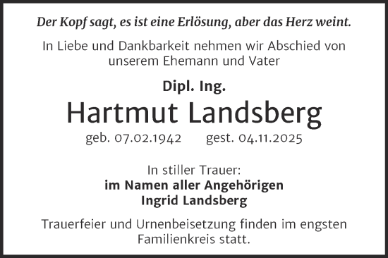 Traueranzeige von Hartmut Landsberg von Trauerkombi Dessau
