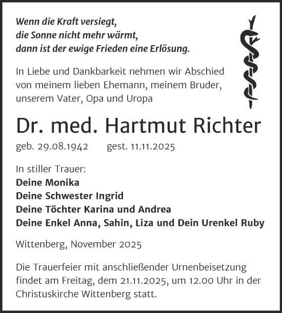 Traueranzeige von Hartmut Richter von Trauerkombi Wittenberg