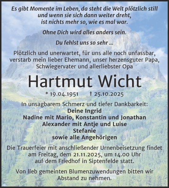 Traueranzeige von Hartmut Wicht von Trauerkombi Quedlinburg