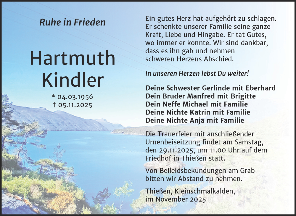  Traueranzeige für Hartmuth Kindler vom 22.11.2025 aus Trauerkombi Wittenberg