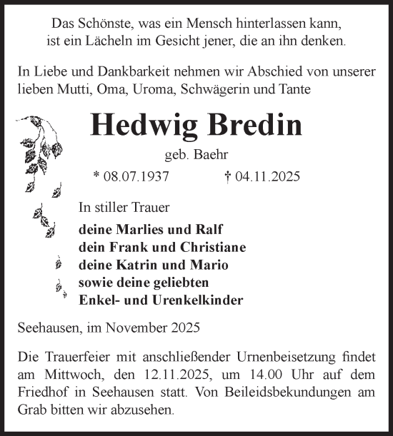 Traueranzeige von Hedwig Bredin von Volksstimme Altmark Ost