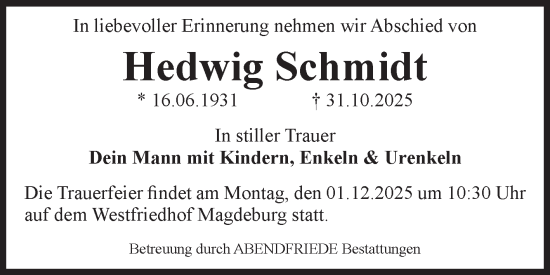 Traueranzeige von Hedwig Schmidt von Volksstimme Staßfurt