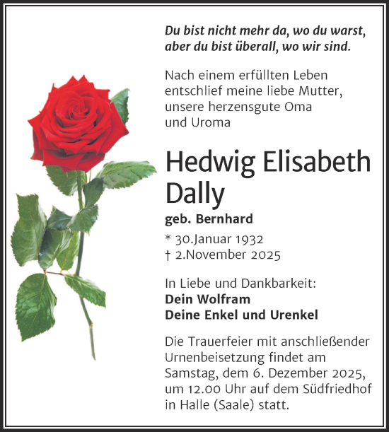 Traueranzeige von Hedwig Elisabeth Dally von Mitteldeutsche Zeitung Halle/Saalkreis
