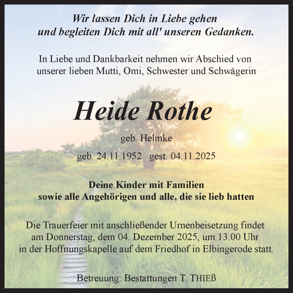  Traueranzeige für Heide Rothe vom 22.11.2025 aus Volksstimme Wernigerode