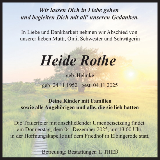 Traueranzeige von Heide Rothe von Volksstimme Wernigerode