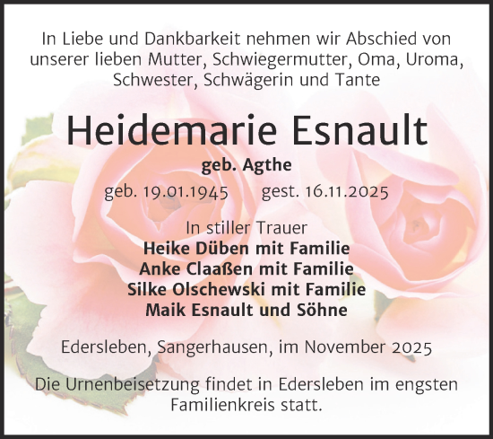 Traueranzeige von Heidemarie Esnault von Trauerkombi Sangerhausen
