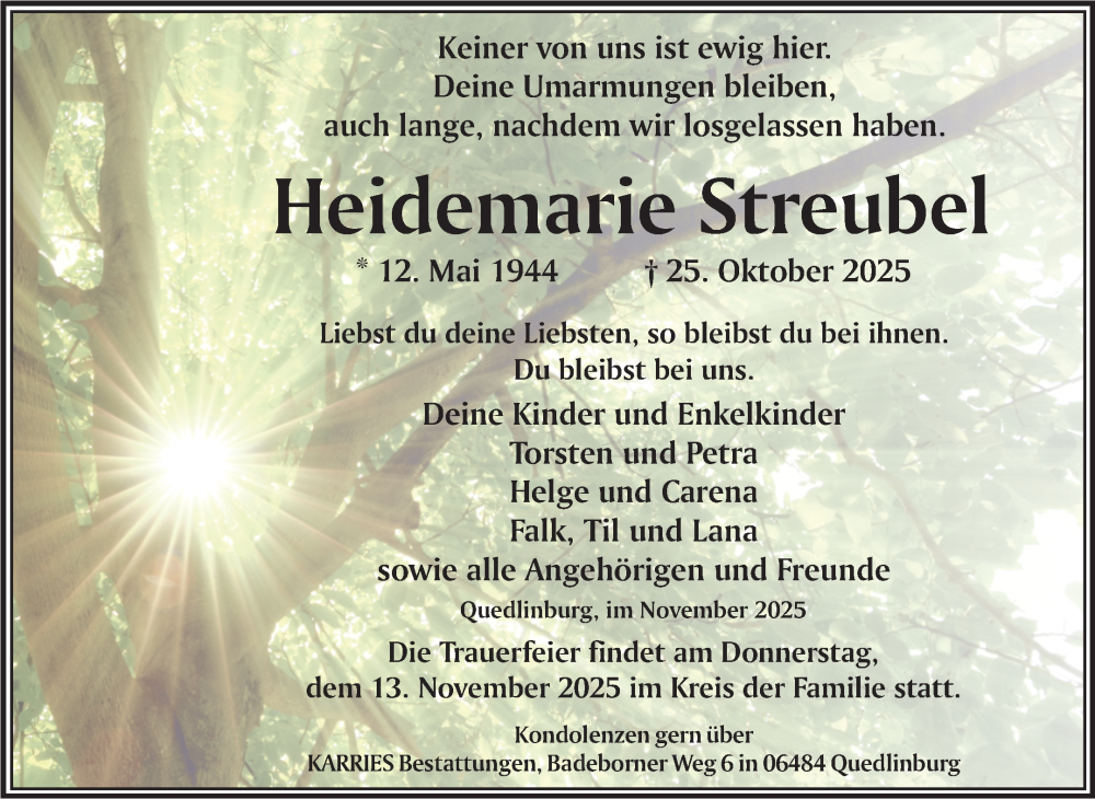  Traueranzeige für Heidemarie Streubel vom 08.11.2025 aus Trauerkombi Quedlinburg