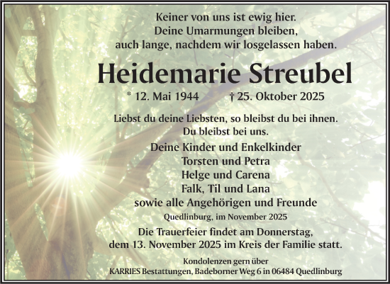 Traueranzeige von Heidemarie Streubel von Trauerkombi Quedlinburg