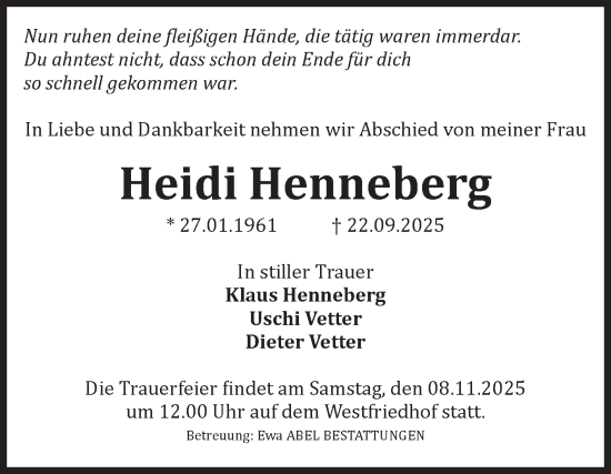 Traueranzeige von Heidi Henneberg von Volksstimme Magdeburg