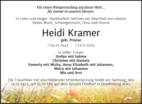 Traueranzeige von Heidi Kramer von Trauerkombi Quedlinburg