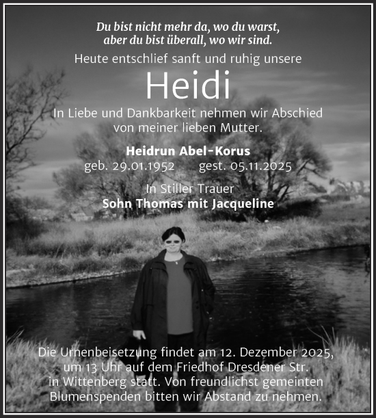 Traueranzeige von Heidrun Abel-Korus von Trauerkombi Wittenberg