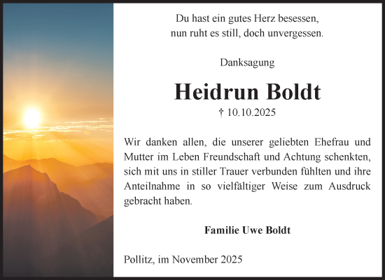Traueranzeige von Heidrun Boldt von Volksstimme Altmark Ost