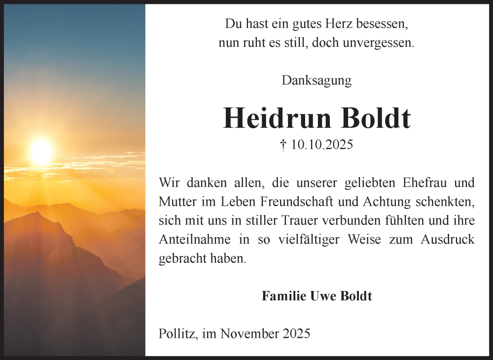  Traueranzeige für Heidrun Boldt vom 15.11.2025 aus Volksstimme Altmark Ost