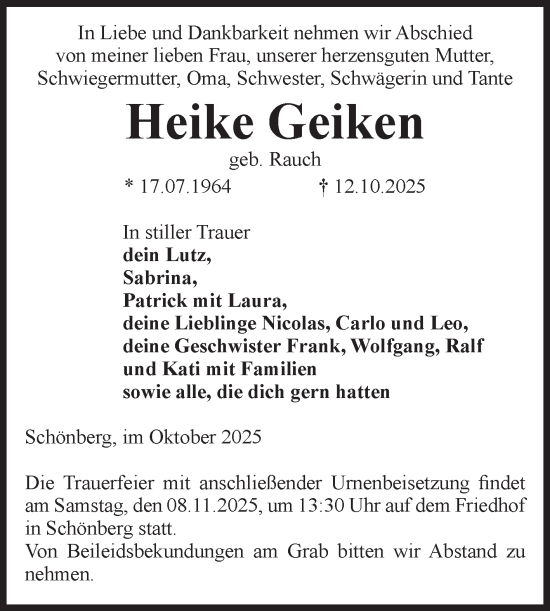 Traueranzeige von Heike Geiken von Volksstimme Altmark Ost