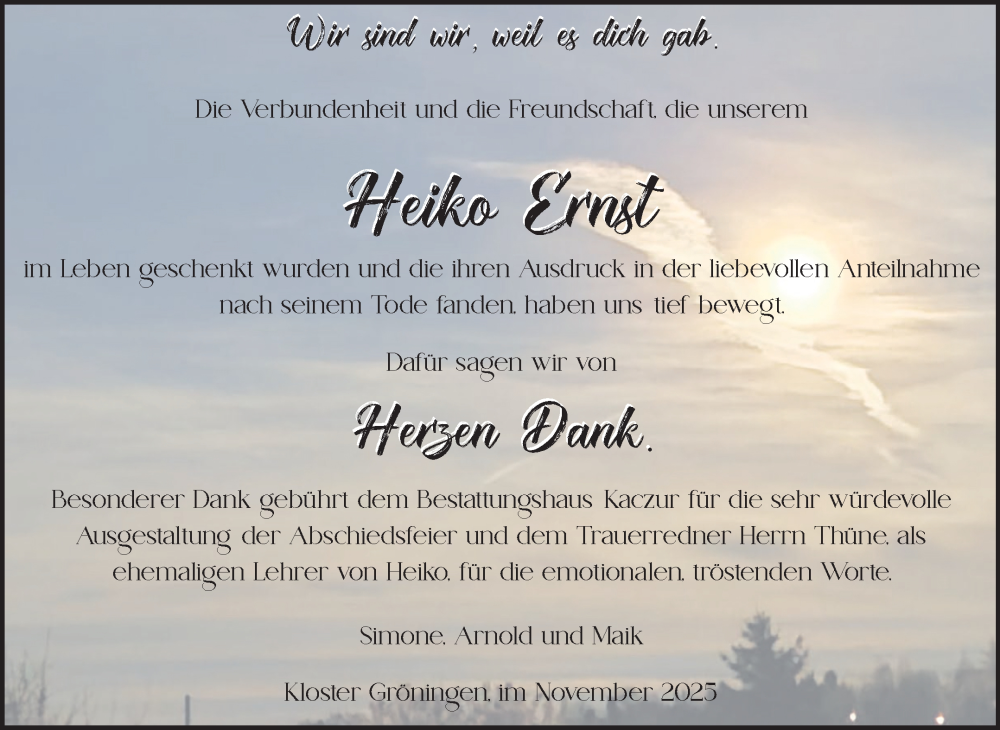  Traueranzeige für Heiko Ernst vom 08.11.2025 aus Volksstimme Oschersleben/Wanzleben