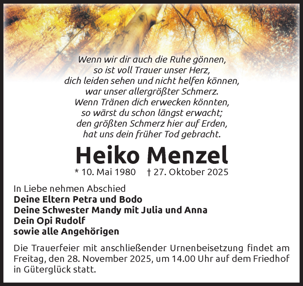 Traueranzeige für Heiko Menzel vom 15.11.2025 aus Volksstimme Zerbst