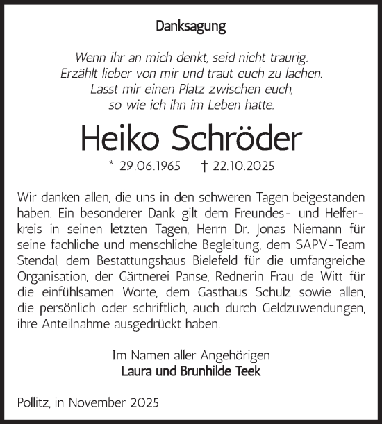 Traueranzeige von Heiko Schröder von Volksstimme Altmark Ost