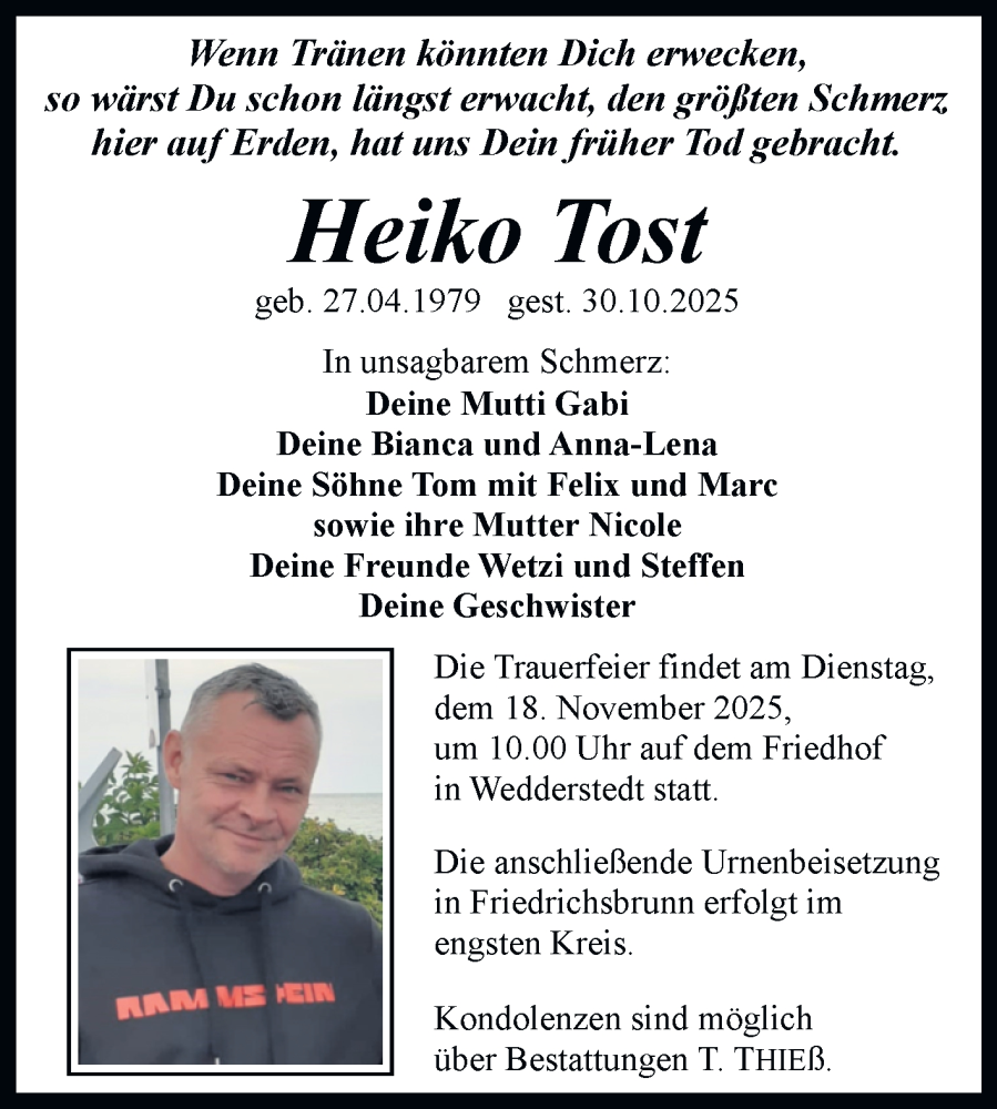  Traueranzeige für Heiko Tost vom 08.11.2025 aus Trauerkombi Quedlinburg