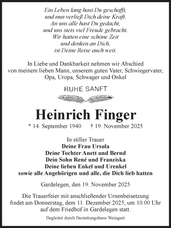Traueranzeige von Heinrich Finger von Volksstimme Altmark West