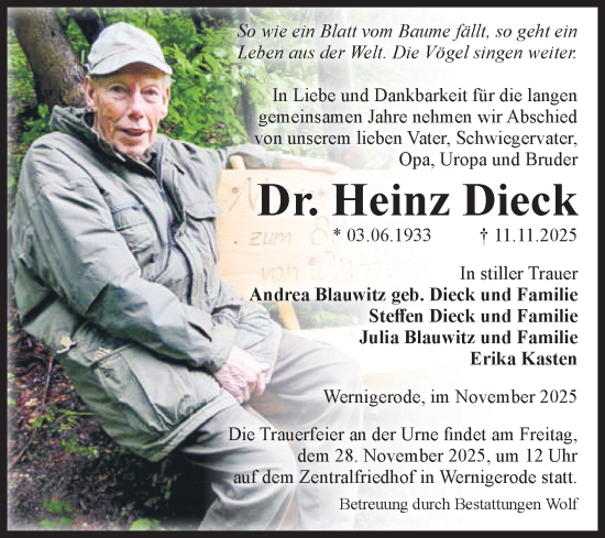 Traueranzeige von Heinz Dieck von Volksstimme Wernigerode