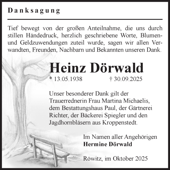 Traueranzeige von Heinz Dörwald von Volksstimme Altmark West