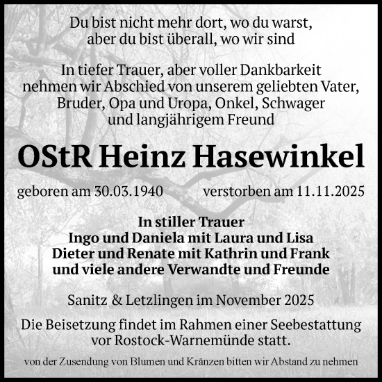 Traueranzeige von Heinz Hasewinkel von Volksstimme Altmark West