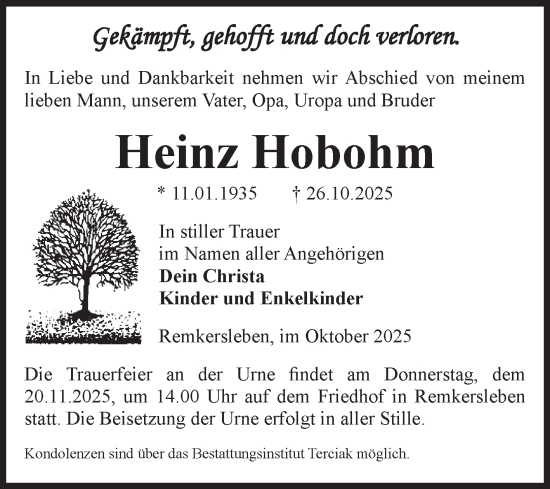 Traueranzeige von Heinz Hobohm von Volksstimme Oschersleben/Wanzleben