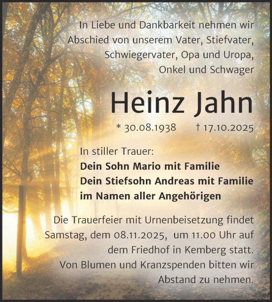 Traueranzeige von Heinz Jahn von Trauerkombi Wittenberg