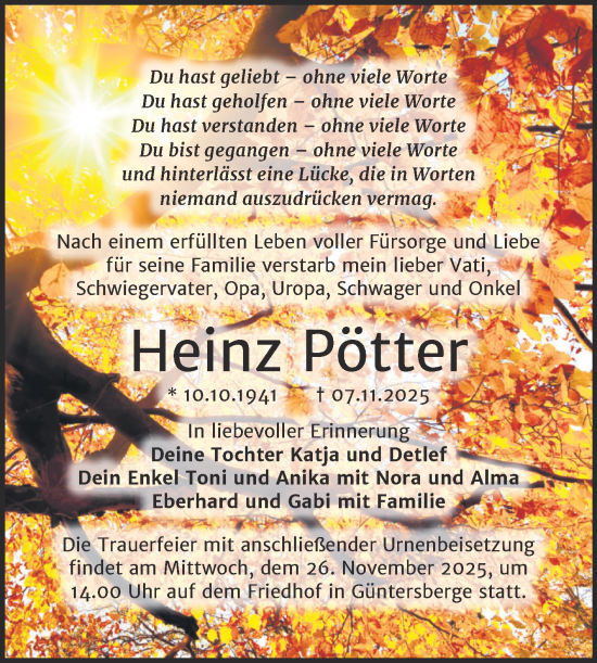 Traueranzeige von Heinz Pötter von Trauerkombi Quedlinburg