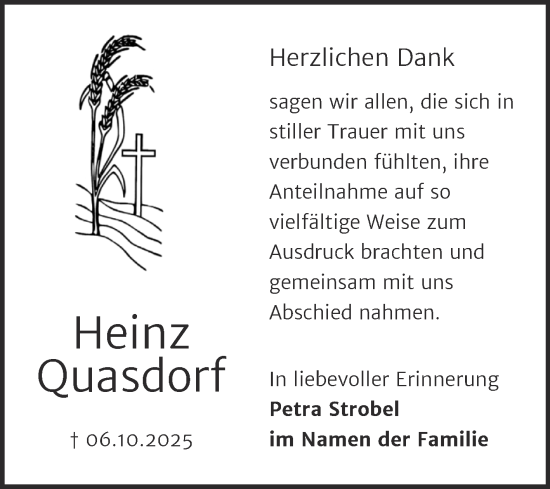 Traueranzeige von Heinz Quasdorf von Trauerkombi Merseburg
