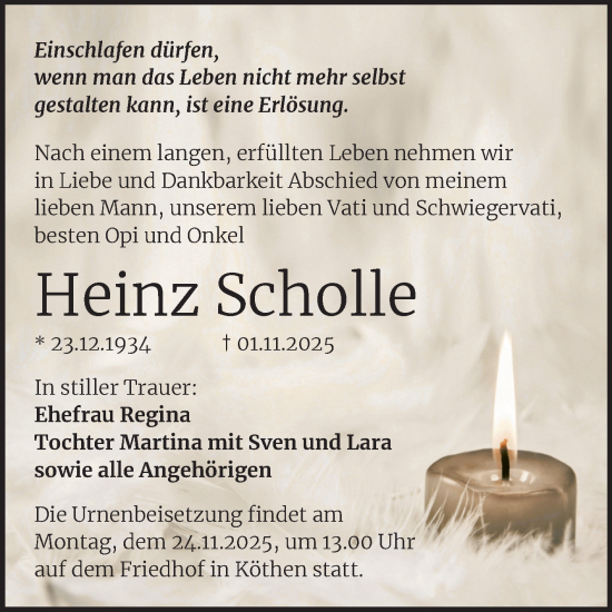 Traueranzeige von Heinz Scholle von Trauerkombi Köthen