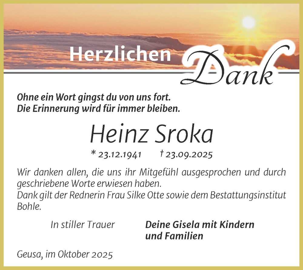  Traueranzeige für Heinz Sroka vom 08.11.2025 aus Trauerkombi Merseburg