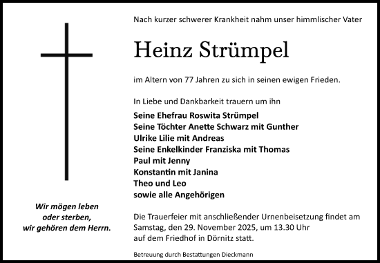 Traueranzeige von Heinz Strümpel von Volksstimme Burg/Genthin
