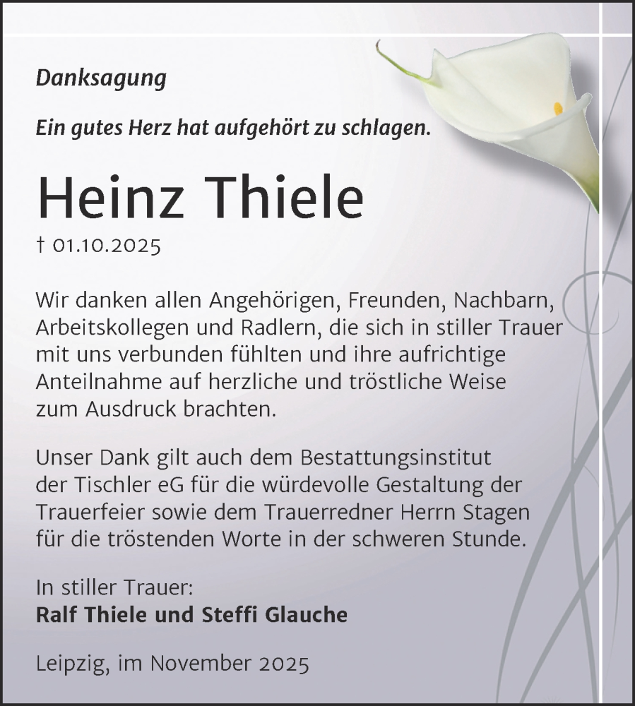  Traueranzeige für Heinz Thiele vom 15.11.2025 aus Trauerkombi Wittenberg