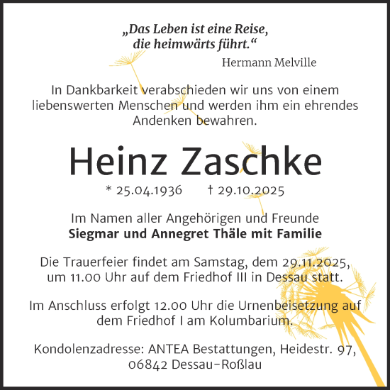 Traueranzeige von Heinz Zaschke von Trauerkombi Dessau
