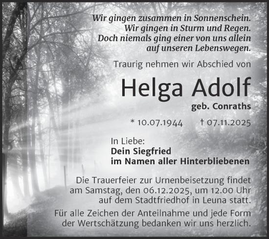 Traueranzeige von Helga Adolf von Trauerkombi Merseburg