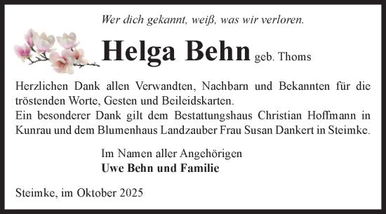 Traueranzeige von Helga Behn von Volksstimme Altmark West