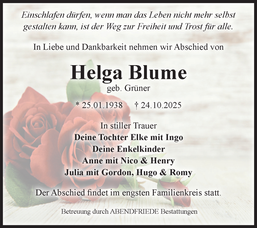  Traueranzeige für Helga Blume vom 08.11.2025 aus Volksstimme Magdeburg